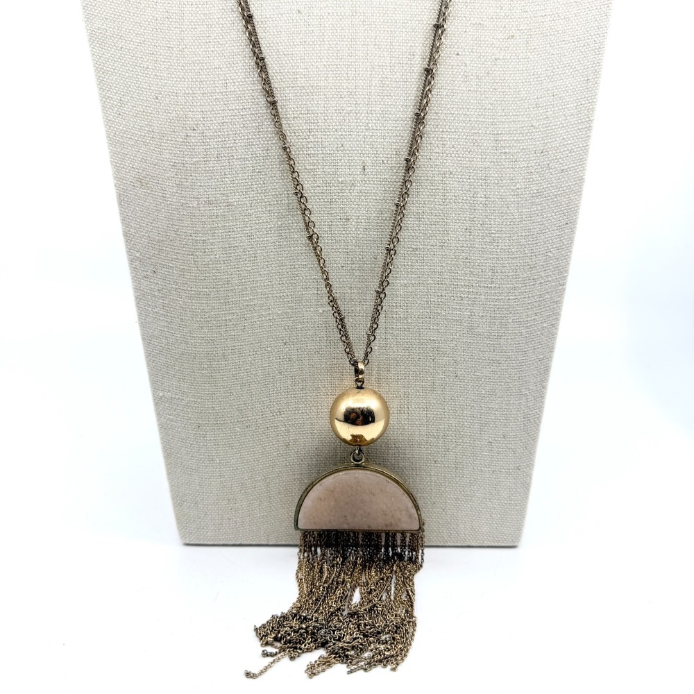 VTG Boho Gold Tone Tassel Necklace with Blush Stone Statement Charm
